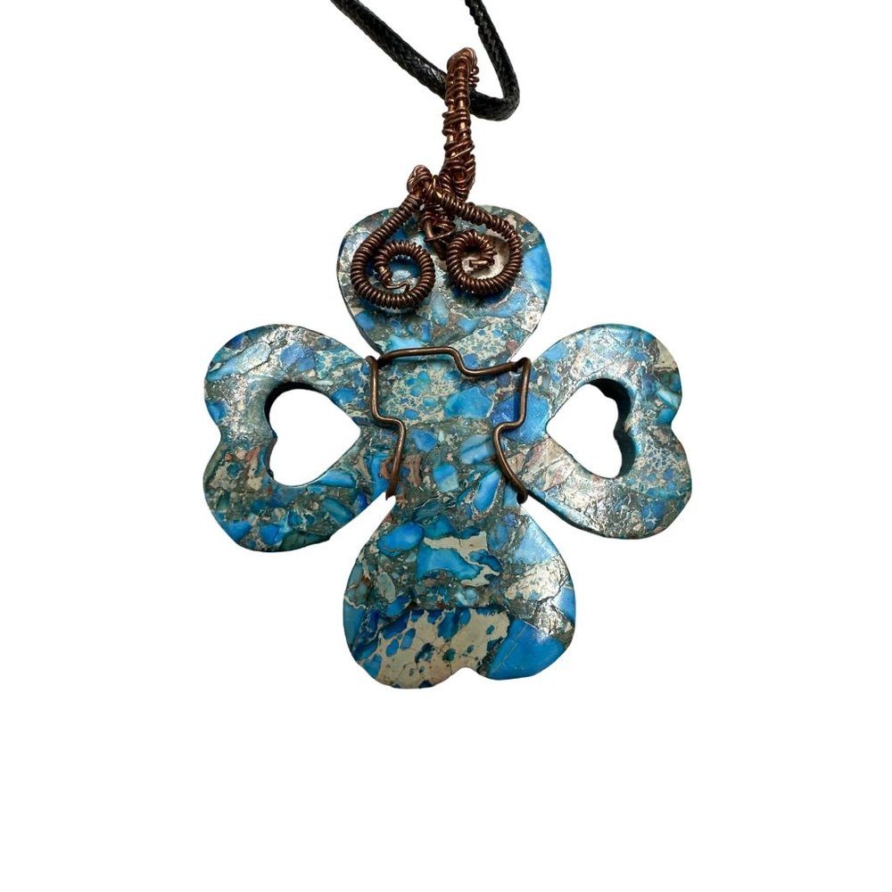Womens Heart 4 Leaf Clover Leather Cord Necklace Blue Stone Wire Wrapped